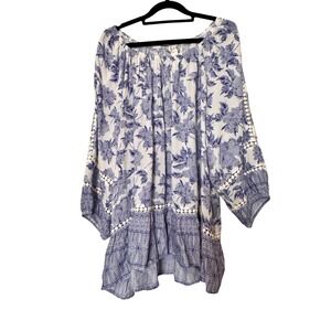 CJ Banks Blue White Palm Leaf Print Tunic Top Plus Size 3X Off Shoulder